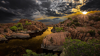 Sunset on River, river, dawn, cliffs, clouds, sky, nature, rocks, sunset HD wallpaper