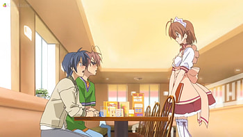 What!!! ... You Working Here, nagisa furukawa, lovey, nagisa, waitress, cute, clannad, nice, adorable, female, table, sweet, shock, furukawa, girl, surprised, kawaii, anime girl, cafe, anime, pretty HD wallpaper