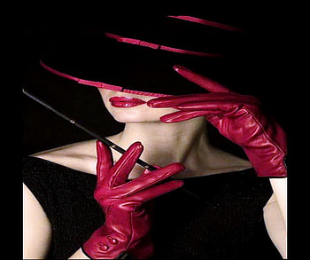 Class, red lips, black dress, leather gloves, black and red, hat, woman HD wallpaper