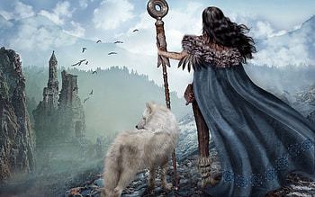 Fantasy, Mountains, Wolf, Girl, Warrior, Ruins HD wallpaper