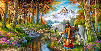 Crossing the river, horse, art, abolfazl mirzabeygi, cal, girl, mountain, painting, pictura, forest, water HD wallpaper