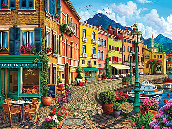 Cafe on the water, sea, mediterranean, houses, artwork, bicycle, digital, boats, flowers, mountains, village HD wallpaper