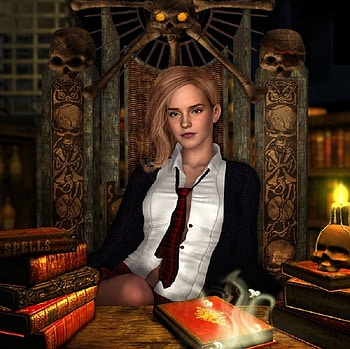 Head Girl, chair, table, bones, schoolgirl, skulls, artwork, books, fantasy, cg, candle, female HD wallpaper
