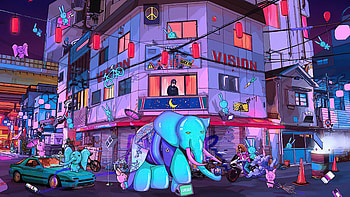 Paris Paradise , neon, artist, artwork, digital-art, elephant, pig HD wallpaper