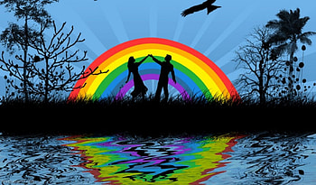 Over the Rainbow, rainbow, couple, , beautiful, peace, girl, people, water HD wallpaper