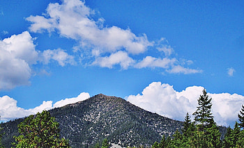 blue sky, clouds, trees, sky, mountain HD wallpaper