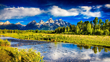 beautiful nature landscape, clouds, river, mountains, forest HD wallpaper