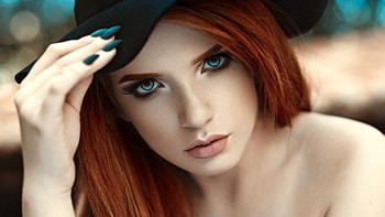 Beauty, face, redhead, girl, woman, hat HD wallpaper