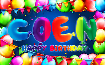 Happy Birtay Coen, , colorful balloon frame, Coen name, blue background, Coen Happy Birtay, Coen Birtay, popular american male names, Birtay concept, Coen HD wallpaper