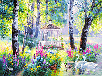Spring garden, pond, art, gazebo, garden, beautiful, spring, park, lake, swans, painting, freshness, trees, flowers, forest HD wallpaper