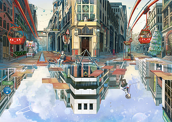 City, Anime, Original, Building, Child, Reflection, Water HD wallpaper