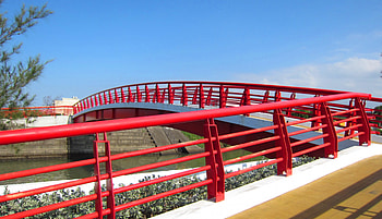 Bridge, river, red, bright HD wallpaper
