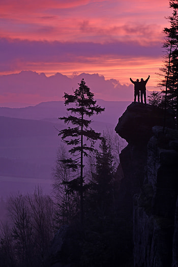 Trees, Sunset, Mountains, Dark, Silhouettes, Precipice, Break HD phone wallpaper