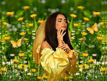 Sunny Yellow14, dress, hat, colorful, vibrant, girl, butterflies, brown, vivid, green, yellow, bright, bold, flowers HD wallpaper