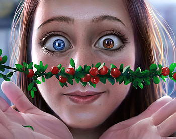 Merry retrospection, mistletoe, craciun, eyes, girl, hand, fantasy, green, christmas, red, face, luminos, jackson tjota HD wallpaper