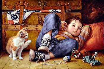 By Jim Daly, animal, art, cat, people, jim daly, ketten, painting, boy, sleep HD wallpaper