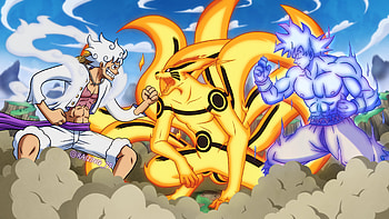 Luffy, Kurama and Goku, Goku, Kurama (Naruto), Gear 5 (One Piece), Monkey D. Luffy, Anime, crossover HD wallpaper