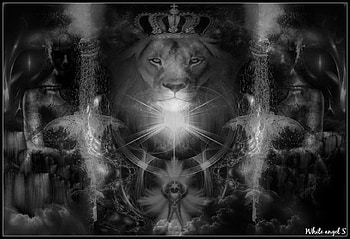 Protecting her King, lion, fantasy, woman, black and white HD wallpaper