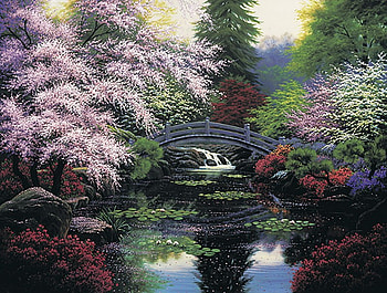 beauty is in the eyes of the beholder, bridge, colorful, flowering trees, lake HD wallpaper
