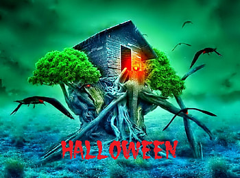 Halloween, night, lanterns, houses, moonlight, moon, fantasy, street, village HD wallpaper