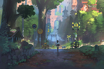 Anime girl, railway crossing, landscape HD wallpaper