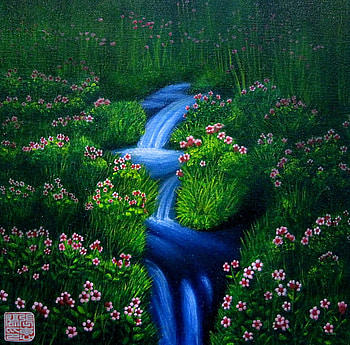 Blue waterfall, blue, warerfall, lovely, green flowers HD wallpaper