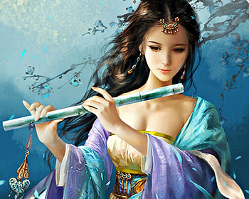 DianLan, blue, flute, asian, girl, beauty, woman, purple, instrument, phoenixlu, game, jade dynasty, luminos HD wallpaper
