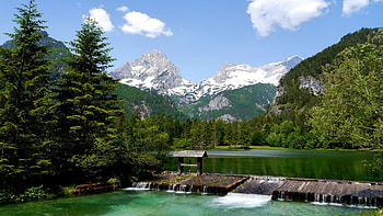 The River Krumme, Steyr, Austria, landscape, clouds, trees, sky, mountains, alps, cascade HD wallpaper