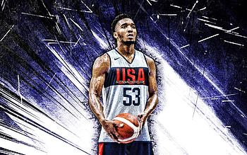 Donovan Mitchell, grunge art, USA Basketball Mens National Team, blue abstract rays, Donovan Vernell Mitchell Jr, basketball, US mens national basketball team, Donovan Mitchell HD wallpaper
