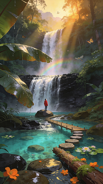 Rainbow Cascade — Waterfall , water, waterfall, rainbow, jungle, bridge HD phone wallpaper