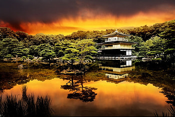 Tea House, asian, graphy, oriental, lake, artwork, reflection, abstract, building, trees, sky HD wallpaper