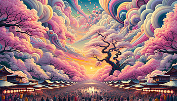 Enchanting Cherry Blossom Festival, cherry blossom festival, cherry blossom, fantasy landscape, colorful clouds HD wallpaper