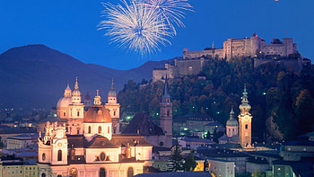 fireworks over salzburg austria, night, fireworks, fort, city, lights, hill HD wallpaper