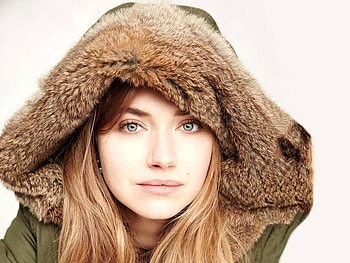 Imogen Poots, model, , beautiful, actress, fur, closeup, Imogen, Poots, hood, 2017 HD wallpaper