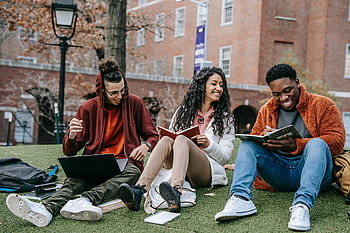 Happy group of multiethnic college students studying together outside on a sunny day, fostering teamwork and collaboration. HD wallpaper