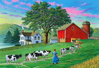 Independence Day, barn, cows, painting, house, trees, sky, girl, herd HD wallpaper