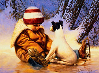 Friends on Ice, winter, dog, artwork, painting, boy, snow, tree HD wallpaper