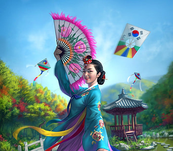 Beautiful Korea, blue, frumusete, asian, dancer, art, girl, kite, pink, hand fan, fantasy, korea, warren louw, evantai, luminos HD wallpaper