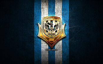 Guairena FC, golden logo, Paraguayan Primera Division, blue metal background, football, Venezuelan football club, Guairena FC logo, soccer, Venezuelan Primera Division, FC Guairena HD wallpaper