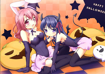 Halloween, pumpkins, cute, girls, anime HD wallpaper