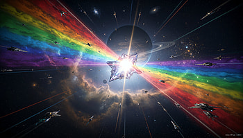 Prismatic Armada — Space Opera, Spaceship, Rainbow, Nebula HD wallpaper