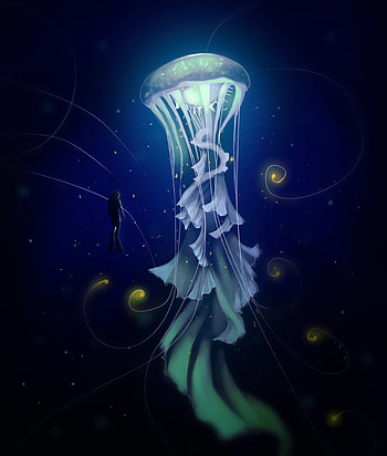Art, Sea, Jellyfish, Diver, Depth HD phone wallpaper