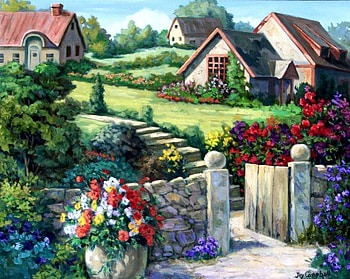 Countryside Cottages, artwork, painting, path, house, fence, landscape, flowers HD wallpaper