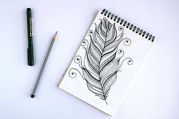 Artistic feather sketch with pen and pencil on sketchpad, showcasing intricate details. HD wallpaper