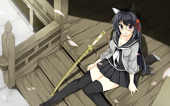 Sitting down, step, catgirl, anime, petals HD wallpaper