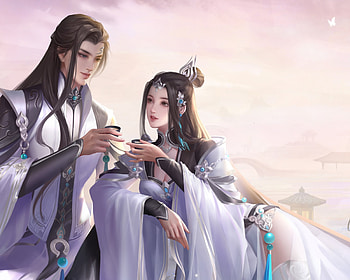 Fantasy couple, blue, fantasy, tea, man, couple, girl, cup, chao, asian HD wallpaper