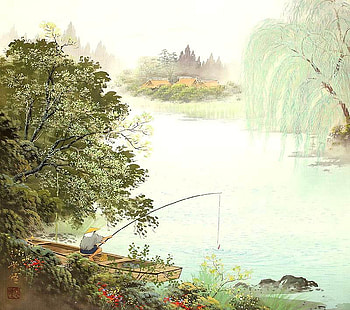 Koukei Kojima. Fisher, fisher, river, painting, art, nature, koukei kojima HD wallpaper