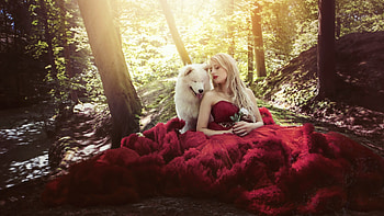 Girl and the Dog, dog, animal, Girl, red HD wallpaper