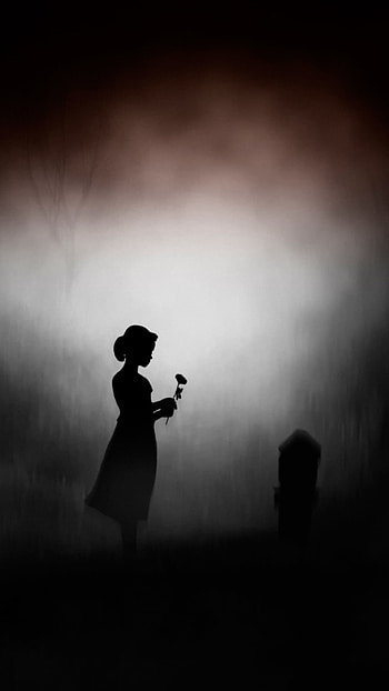 Silhouette of Young Girl with Rose at Tombstone, silhouette, little girl, night, dark, girl HD phone wallpaper