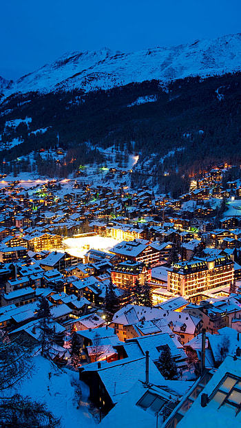 cityscape, light, night, winter, town, snow, Switzerland, alps, man made, winter night, night snow HD phone wallpaper